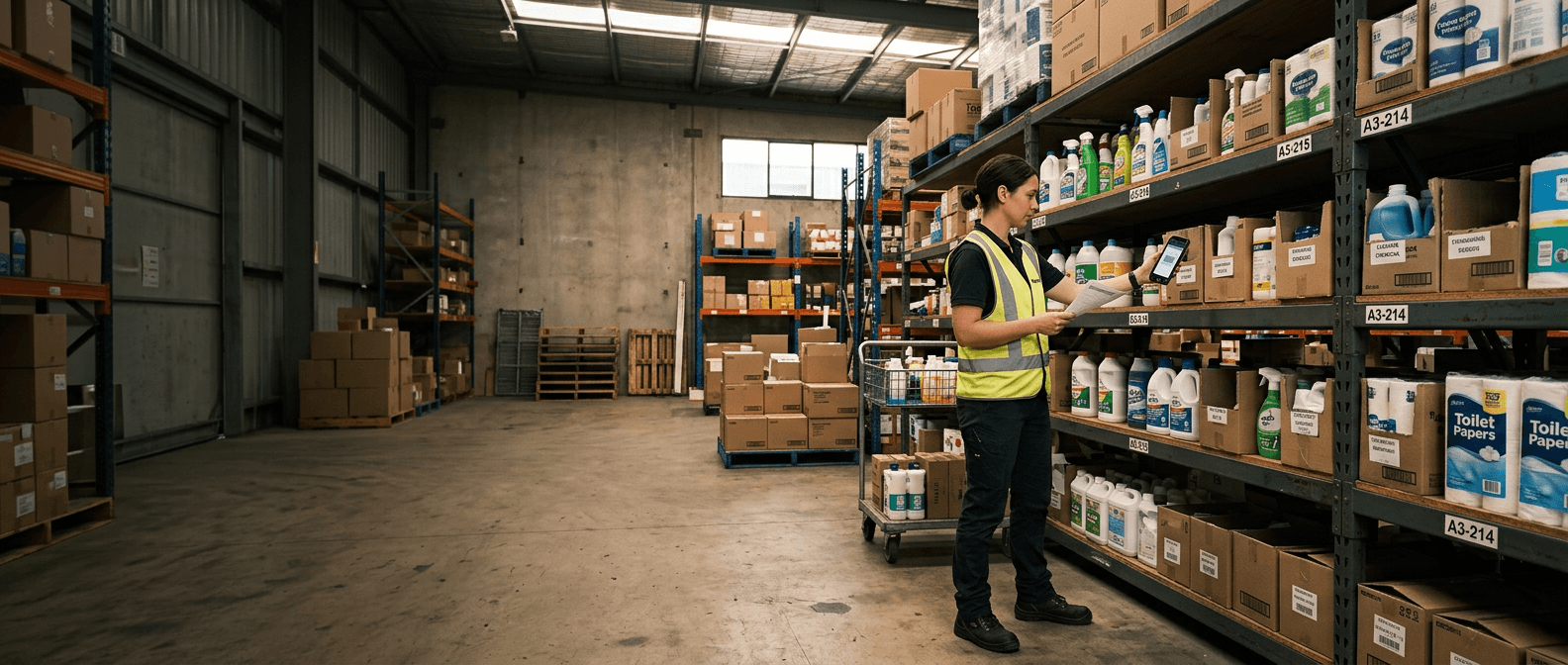Warehouse operator scanning supplies on a storage rack
